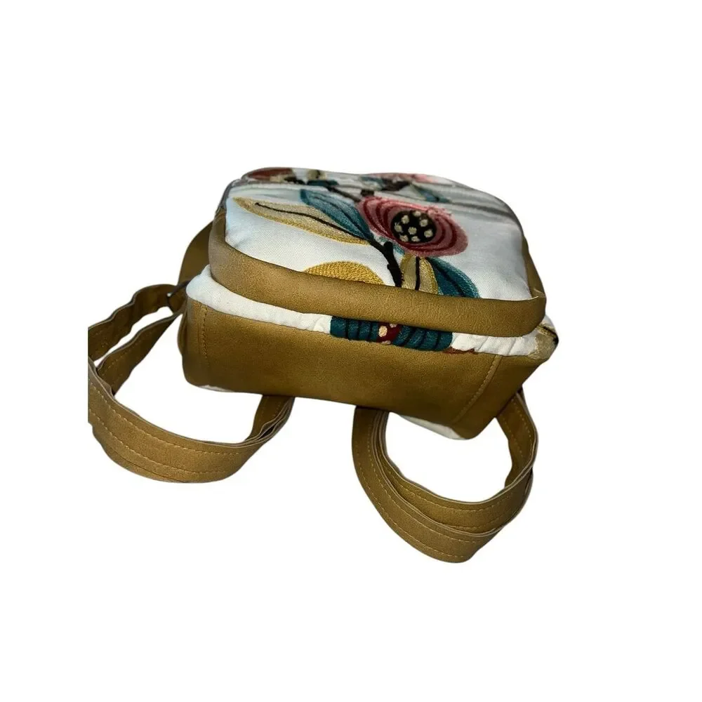 Boho Embroidered Floral Convertible Backpack Purse Canvas & Faux Leather